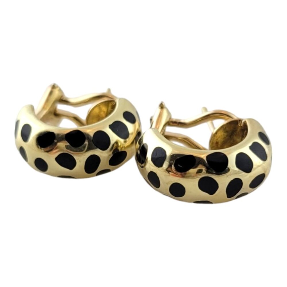 14 Karat Yellow Gold Black Enamel Leopard Omega Back Earrings #17772